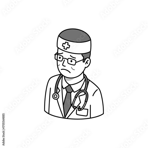 Sad doctor with a stethoscope wearing glasses in a medical office representing healthcare challenges and the emotional toll on medical professionals.