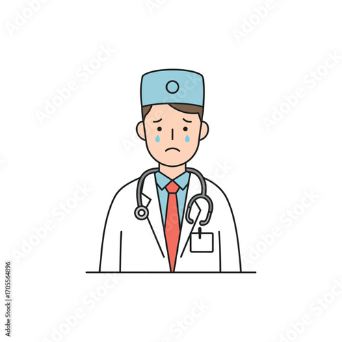 Sad doctor shedding a tear due to work stress in the hospital reflecting healthcare challenges and burnout with professional mental health support.