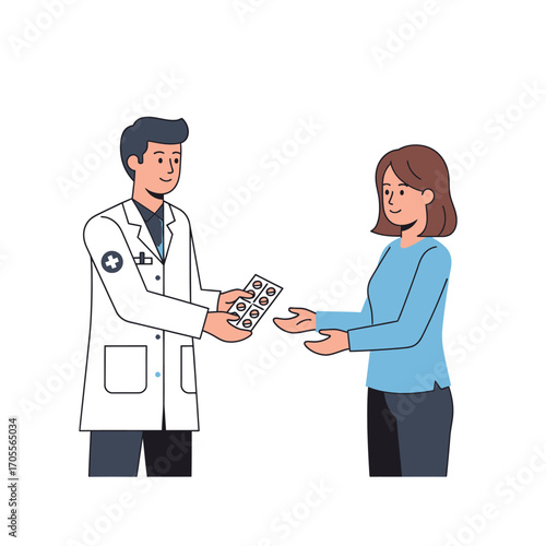 Doctor giving medication to patient Healthcare consultation and prescription illustration