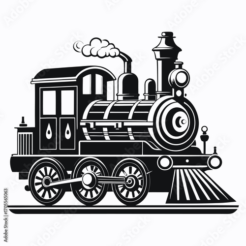 Black silhouette of a vintage steam locomotive emitting smoke on a white background steam engine