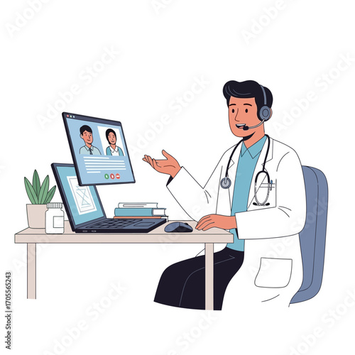 Professional physician offering virtual medical consultation to a patient via computer, illustrating modern telehealth services and convenient digital healthcare delivery