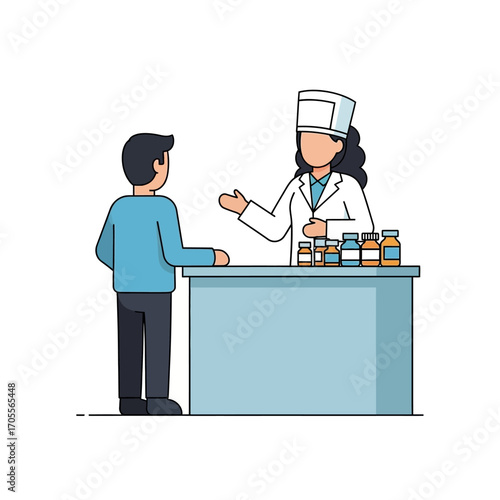 Doctor consulting with a patient at a pharmacy counter, discussing medication options and health advice
