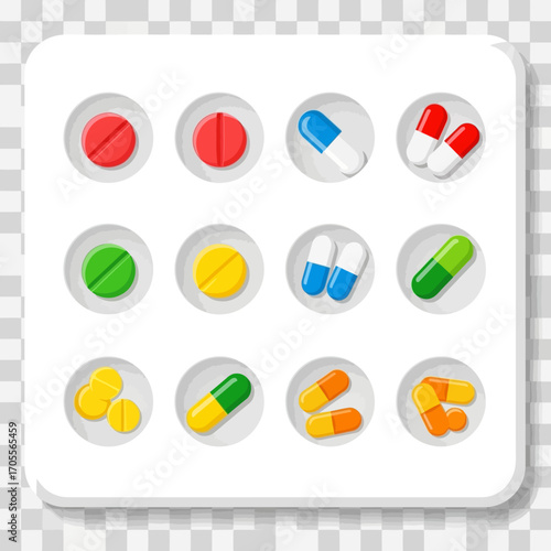A Collection of Various Colorful Pills and Capsules in Circular Holders - Pharmaceutical and Medical Concept