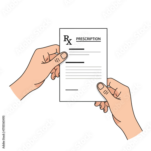 An illustration of a person's hands holding a doctor's medical prescription paper with the Rx symbol. A vector concept for healthcare and pharmacy