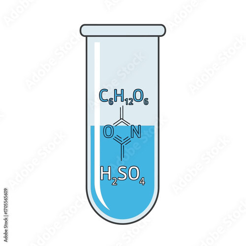 Scientific illustration of a test tube containing a blue solution, displaying chemical formulas for organic and inorganic compounds, symbolizing chemistry and research