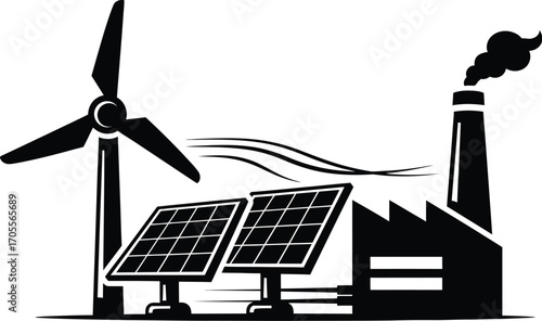 Illustration of renewable energy sources including solar panels, wind turbine, and factory sustainable power