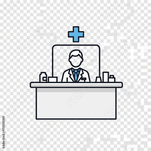 Vector line icon of a doctor or pharmacist at a desk with medicine, a symbol for medical consultation, healthcare services, and a drugstore