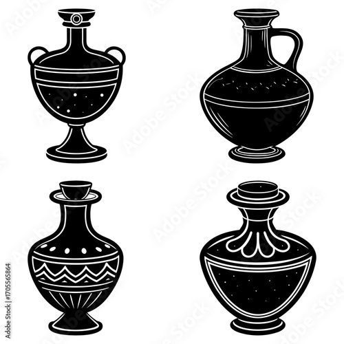 Collection of four black and white vintage style decorative vases and bottles in varying shapes and designs