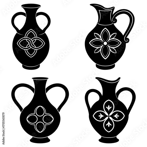 Collection of four black silhouette vases and pitchers with floral and geometric designs on a white background