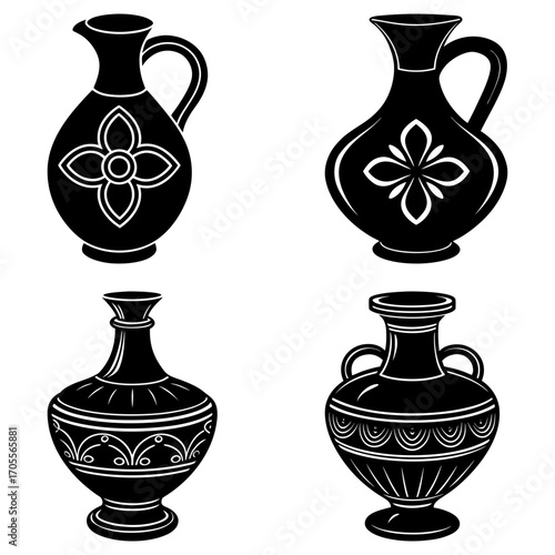 Illustration of four black and white decorative vases with different designs and shapes on a white background