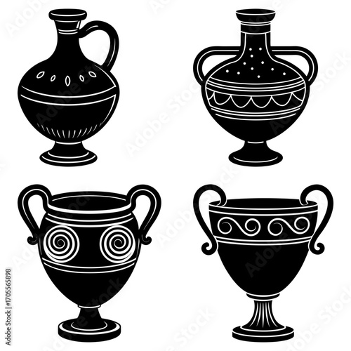 Four black and white stylized ancient greek vases with handles and decorative patterns illustration art