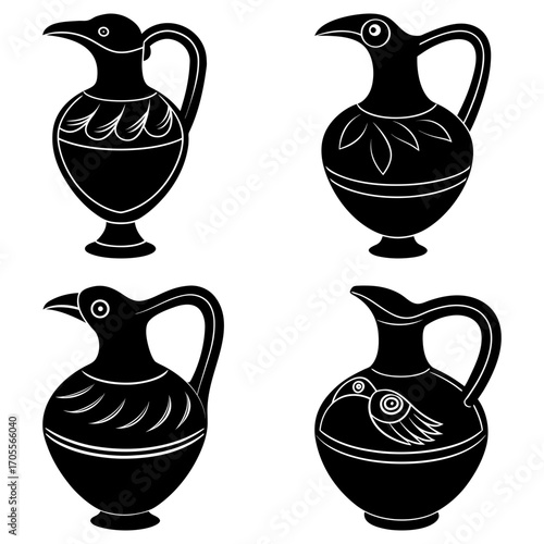 Four black pitchers with bird head spouts and decorative designs in a symmetrical arrangement style