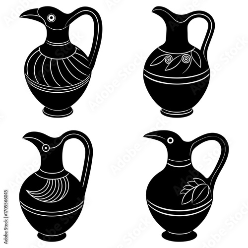 Illustration of four ornate black pitchers with handles and decorative elements on a white background