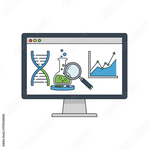 Computer Displaying Scientific Data and Analysis DNA, Beakers, and Charts