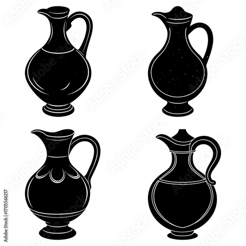 Collection of four black and white pitchers with handles and spouts in a symmetrical arrangement