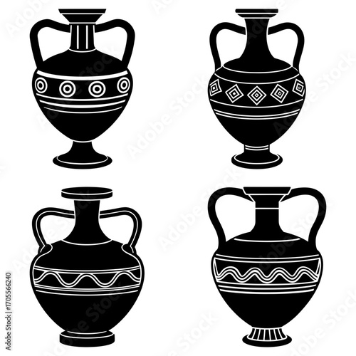 Collection of four black and white amphora vases with decorative patterns and handles on a white background