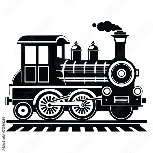 Black silhouette of a vintage steam locomotive with smoke billowing from its chimney on a white background Keywords: steam engine, locomotive, train, vintage, retro, transportation, railway, steam