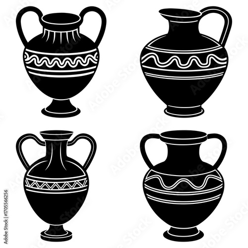Illustration of four black and white vases with handles and decorative patterns in a simple vector style