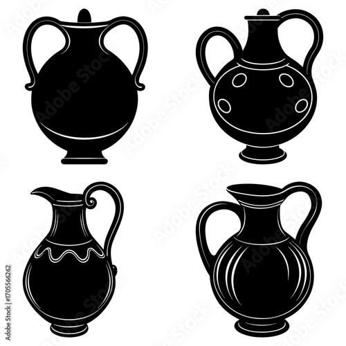 Illustration of four black silhouette vases and pitchers with handles and decorative elements arranged together