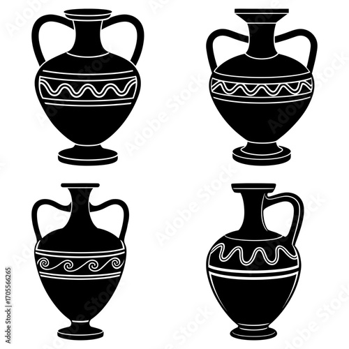 Four black amphora vases with handles and decorative patterns in a symmetrical arrangement on white background