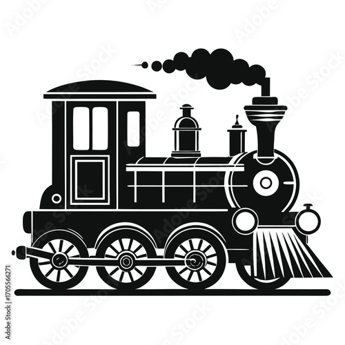 Black silhouette of a vintage steam locomotive with smoke billowing from its chimney on a white background