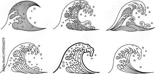 Dynamic set of six stylized wave illustrations in black and white
