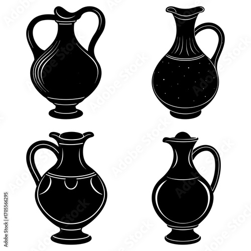 Four black and white silhouette illustrations of antique style pitchers with handles and varying designs