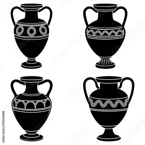 Four black and white amphora vases with handles and different decorative patterns set on a white background