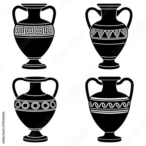 Four black and white amphora vases with handles and different decorative patterns on a white background