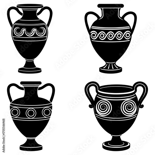 Four black silhouettes of ancient greek vases with decorative patterns arranged on a white background