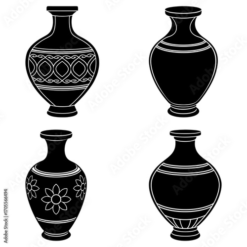 Four black vases with different designs including floral and geometric patterns arranged on a white background