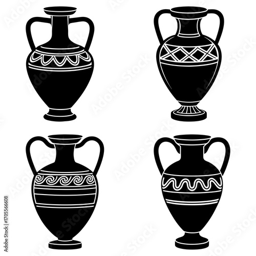 Collection of four black and white amphorae vases with different decorative patterns and handles in a grid