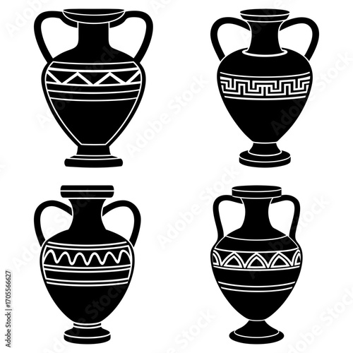 Four black amphorae vases with handles and different decorative patterns isolated on a white background