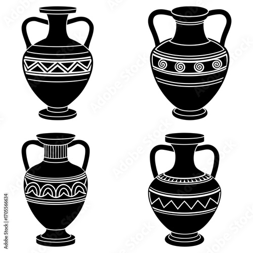 Illustration of four black ancient greek amphora vases with different decorative patterns and handles design