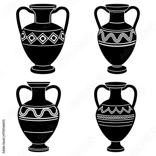 Four black amphorae with handles and decorative patterns arranged in a square on a white background