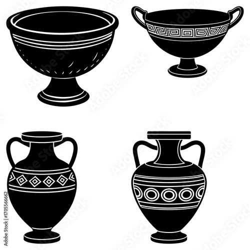 Four black and white antique vases and bowls with decorative patterns in a symmetrical arrangement