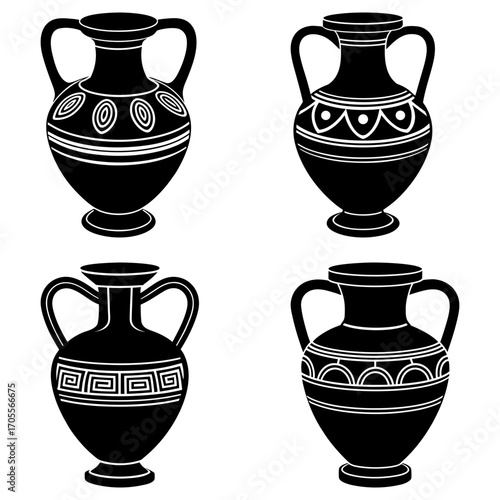 Four black and white amphora vases with decorative patterns in a symmetrical arrangement on white background