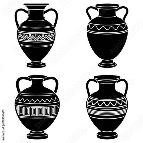 Four black and white amphora vases with handles and decorative patterns displayed on a white background