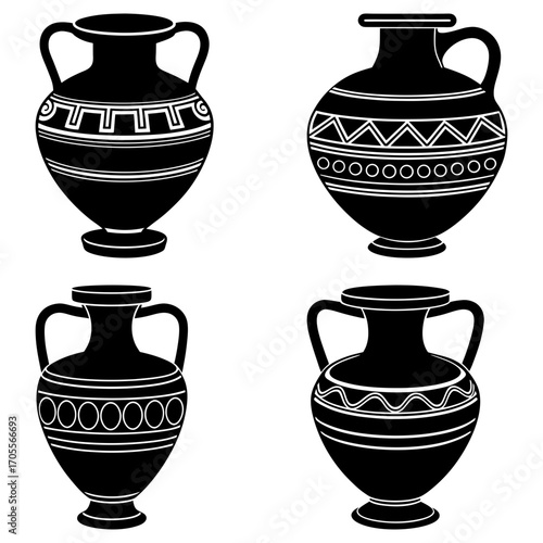 Four black and white amphora vases with handles and different geometric patterns on a white background