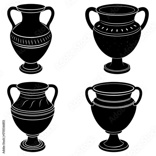 Four black and white vases with handles and decorative patterns in a symmetrical arrangement on a white background