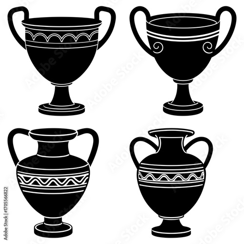 Four black and white ancient greek pottery vessels with handles and decorative patterns illustration