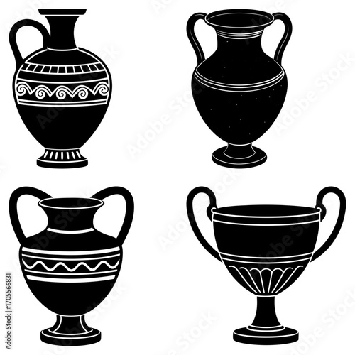 Collection of four black and white ancient greek pottery vessels with handles and decorative patterns