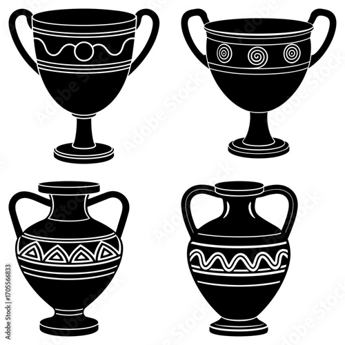 Illustration of four black antique vases with handles and decorative patterns on a white background