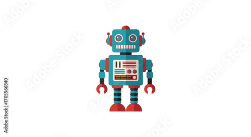 Retro Teal Robot Character with Red Feet and Blue Stripes.