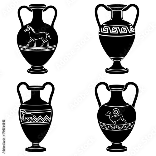 Four black vases with handles and decorations of animals and geometric patterns in a vector image