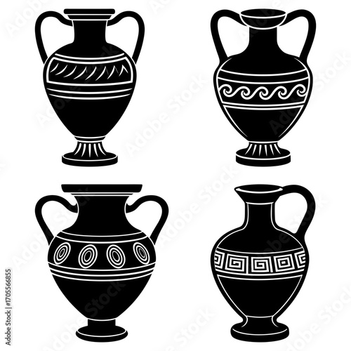 Four black and white antique vases with handles and decorative patterns on a white background design style