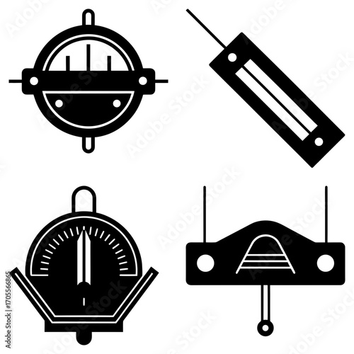 Illustration of four different black and white measuring instruments and tools for scientific purposes