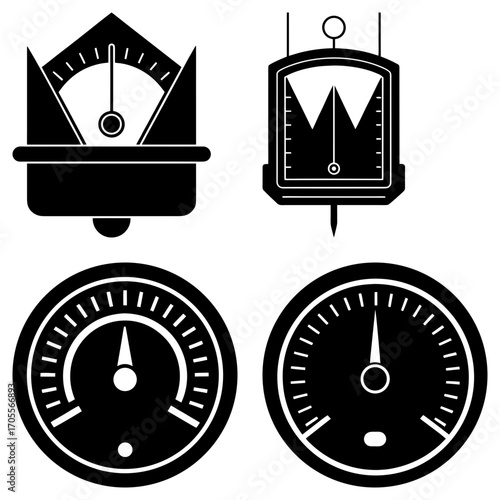 Illustration of four different types of measuring devices including gauges and a spring scale device
