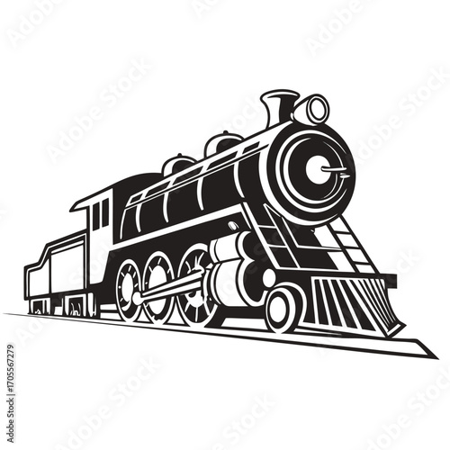 Classic steam locomotive with tender on railroad tracks in black and white vector art Keywords: steam engine, locomotive, train, railway, railroad, old, vintage, transport, transportation, travel