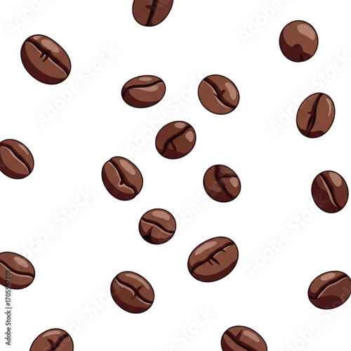 Scattered Coffee Beans on White Background Seamless Pattern.